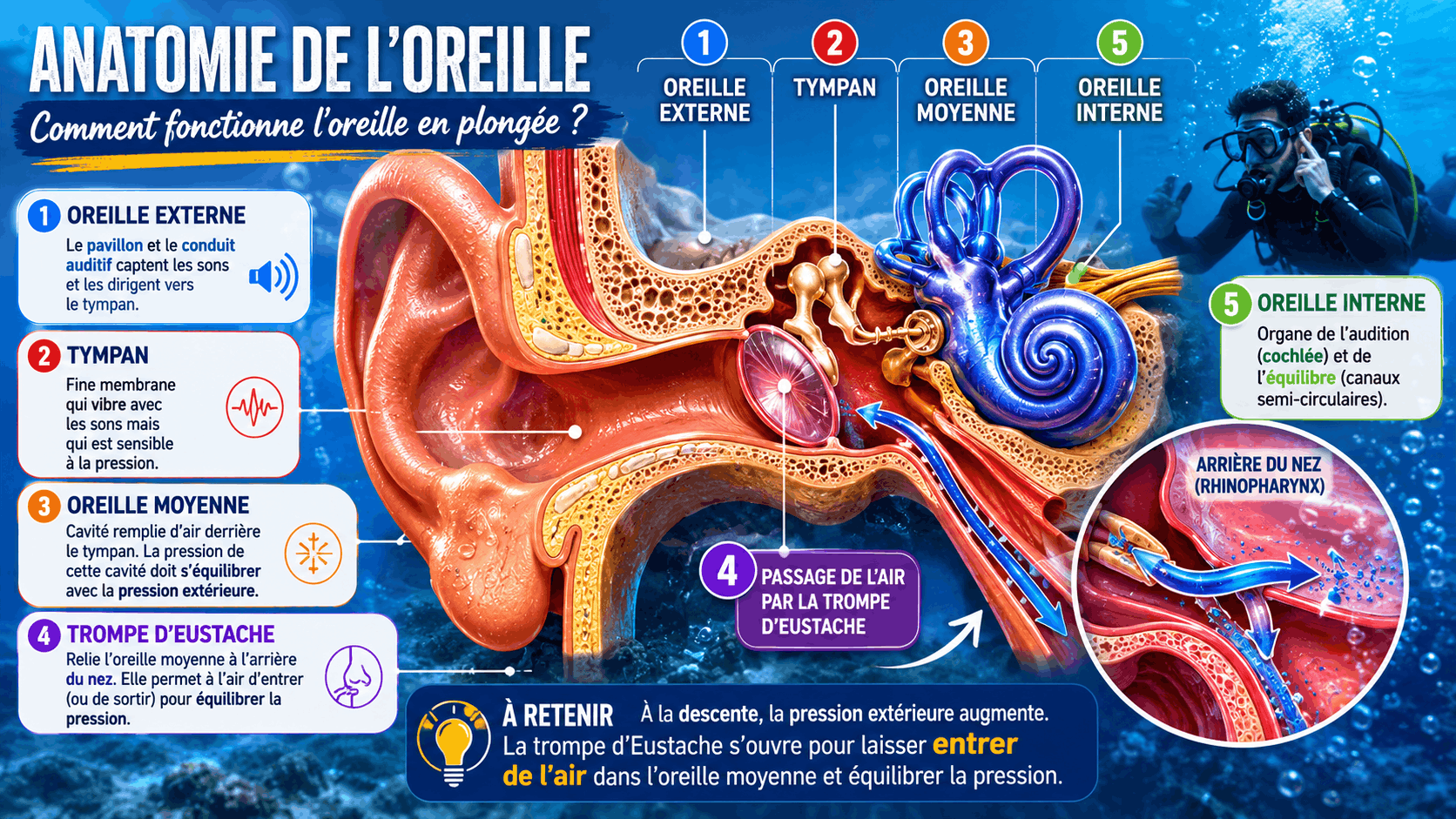 Anatomie de l'oreille en plongée